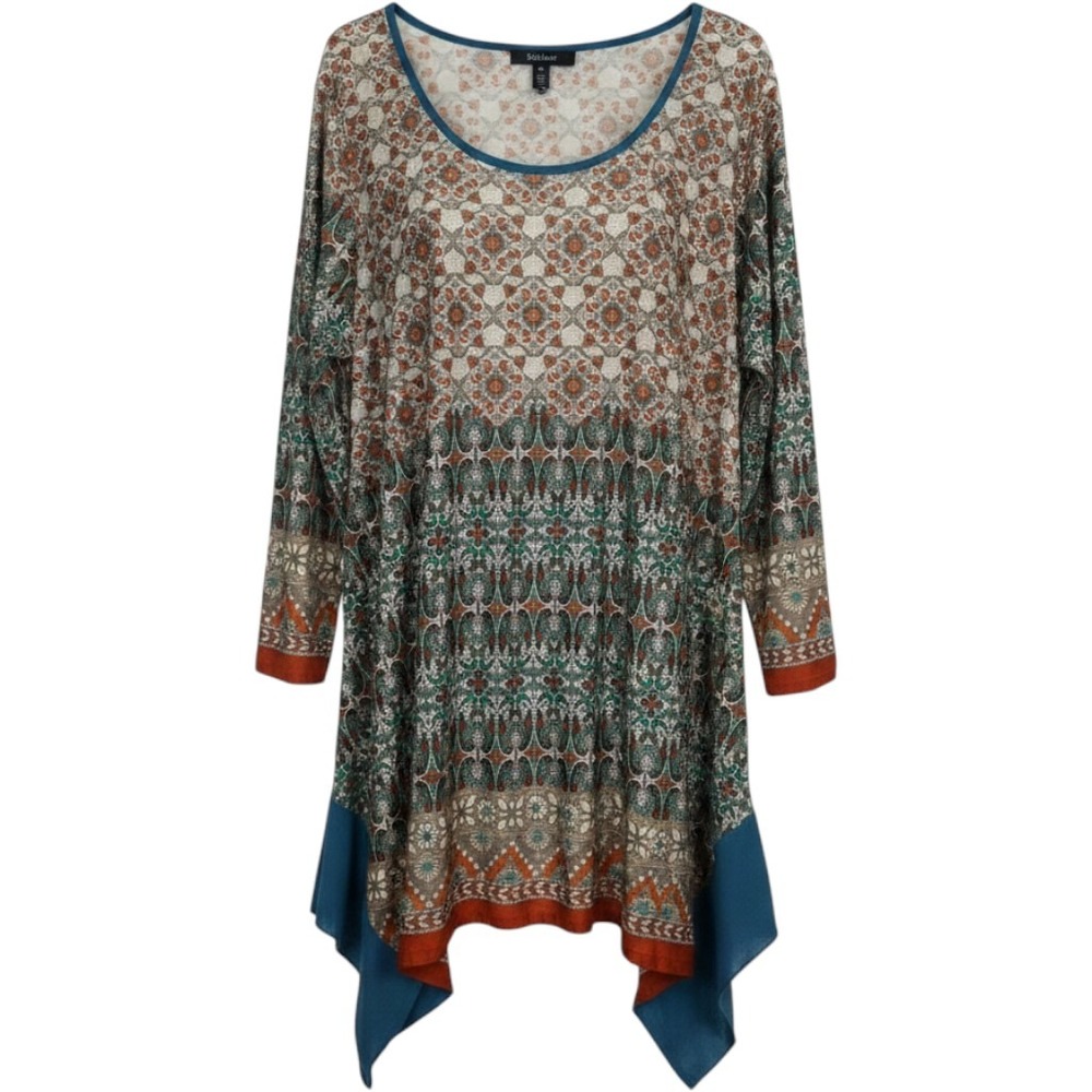 New Directions Womens 1X Tunic Top Boho Paisley Sharkbite Hem Long Sleeve Blue